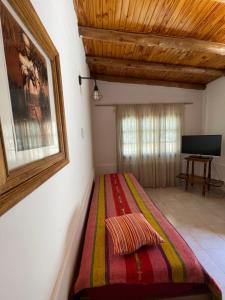 马拉圭CASA CENTRO Malargüe的卧室里有一张床，上面铺着一条彩色毯子