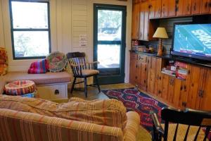 a living room with a couch and a flat screen tv at Little House Nashville - Guest House in Nashville