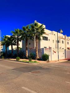 a building with palm trees in front of a street at villa cinco palmas in Almerimar