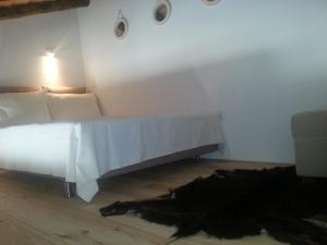a bedroom with a bed with a black dog laying on the floor at Casa Dos Galegos in Marvão