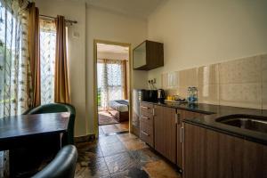 a kitchen with a sink and a counter top at Cottages At Village Bhimtal-Naukuchiatal in Bhīm Tāl