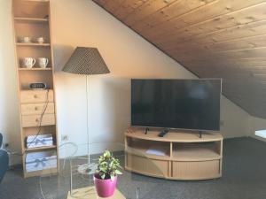 een woonkamer met een grote televisie op een tafel bij Sonnige Dachgeschoßwohnung in Niederkassel