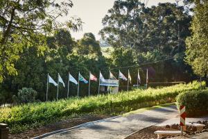 a row of flags on a fence next to a road at The Devon Valley Hotel in Stellenbosch