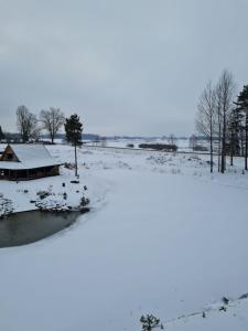 a snow covered field with a barn and a pond at Grundenberga in Baldone