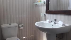 アヌラーダプラにあるTheon Resortのバスルーム(洗面台、トイレ、鏡付)