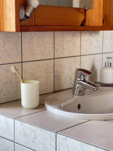 a sink with a toothbrush in a cup on a counter at Chambres d'Hôtes Le Bourdieu in Soulignac