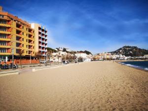 een uitzicht op een strand met gebouwen en de oceaan bij Apartamentos Elvira in Blanes