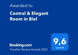 Certifikát, hodnocení, plakát nebo jiný dokument vystavený v ubytování Central & Elegant Room in Biel