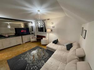 - un salon avec un canapé et une télévision dans l'établissement Apartma Marni, à Kranjska Gora