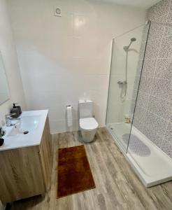 a bathroom with a shower and a toilet and a sink at StarMountainApartment in Seia