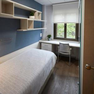 1 dormitorio con cama, escritorio y ventana en Albergue Residencia Larraona, en Pamplona