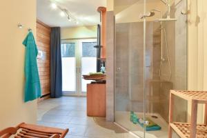 a bathroom with a shower with a glass door at Ferienhaus Seestrand - mit Sauna in Kolpinsee +17 photos