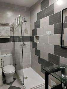 uma casa de banho com um chuveiro, um WC e um lavatório. em Torbay Court Hotel em Paignton