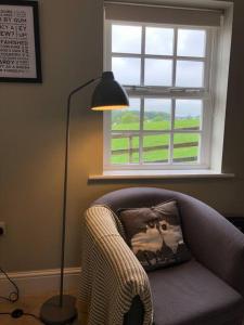 een lamp in de woonkamer met een stoel en een kussen bij New Station Cottage, country views, great location in Sledmere