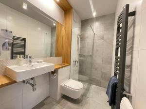 een badkamer met een wastafel, een toilet en een douche bij Apartament Szafir Mechelinki in Mechelinki
