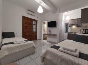 a bedroom with two beds and a kitchen at Aitherial Summer House in Vourvourou
