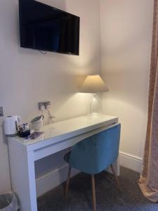 a bathroom with a sink and a television at Woodlands Hall Hotel in Ederyn