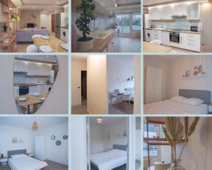 een collage van foto's van een keuken en een woonkamer bij "Envie Lyonnaise" Location - 10 personnes - Terrasse - WIFI Fibre optique in Lyon