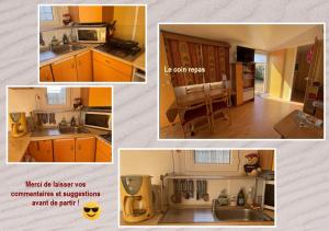 a collage of pictures of a kitchen with orange cabinets at MobH Comfy in Dinard