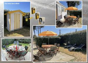 a collage of pictures of a table with an umbrella at MobH Comfy in Dinard