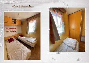 two pictures of a room with two beds and a window at MobH Comfy in Dinard