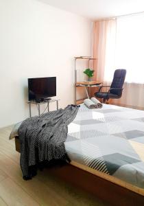 um quarto com uma cama, uma televisão e uma cadeira em Nice2GreetYou em Chernivtsi