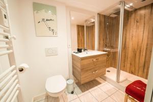 een badkamer met toilet, douche en wastafel bij Le Bois des Neiges Charmant chalet authentique à 5 mn de Gérardmer in Xonrupt-Longemer +30 foto's