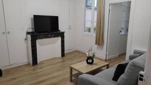 een woonkamer met een bank en een tv op een open haard bij Appartement 6 - T2 60m2 - Standing, moderne et tout équipé - Carmes-Renforts , Toulouse in Toulouse