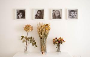 eine weiße Wand mit drei Bildern und drei Vasen mit Blumen in der Unterkunft Côté Arènes, Clim - Terrasse in Arles