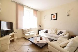 ein Wohnzimmer mit einem Sofa und einem TV in der Unterkunft Margaillan - Parking - Jardin - Clim in Arles