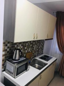 a small kitchen with a microwave and a sink at Casa Famous in Iaşi