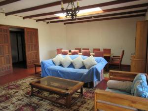 una sala de estar con una cama azul con almohadas en Casa tranquila y central con piscina en Olmué, en Olmué