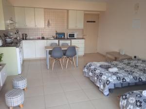 een keuken met een tafel en 2 stoelen in een kamer bij Xylophagou Larnaca Ayia Napa 1 bedroom apartment in Xylophaghou