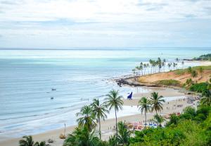 uma vista para uma praia com palmeiras e para o oceano em Hotel Platô em Paraipaba