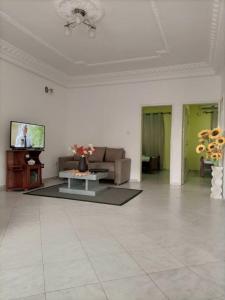 a living room with a couch and a tv at Résidence Sainte Honorine in Yaoundé