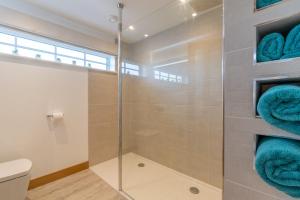a bathroom with a shower stall and a toilet at Hillview Hideaway with Hot Tub in Cheltenham +15 photos