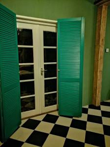een kamer met groene deuren en een geruite vloer bij Villa Le Jardin in Oude Pekela