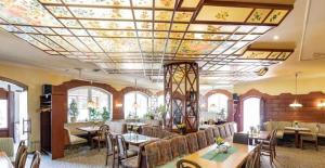 LenzingAustria Traveller Hotel Lenzing的配有桌椅和鲜花天花板的客房