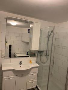 een badkamer met een wastafel en een douche bij Faridd Ferienwohnung in Krefeld