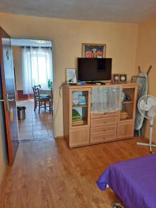 a living room with a tv and a dresser with a tvicterictericter at Apartment Surya in Rogoznica