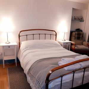 The Snug, a great flat in the heart of Peebles. في بيبلز: غرفة نوم بسرير ومصباحين وكرسي