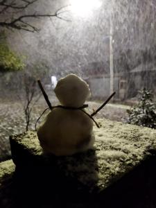 un muñeco de nieve sentado en una cornisa en la nieve en Casa Rústica - Hospedaria, en Canela