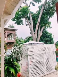 a white lattice fence in front of a tree at Essentials Suite in Bon Accord