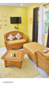 a living room with wicker furniture and a tv at Essentials Suite in Bon Accord