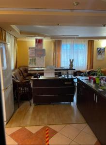 eine Küche mit einem Kühlschrank und einer Arbeitsplatte in der Unterkunft Cazare ieftina in Piatra Neamţ