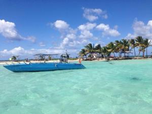 un bateau bleu dans l'eau à côté d'une plage dans l'établissement Villa en pleine nature située à 5min d'une plage, au Gosier 9 autres photos