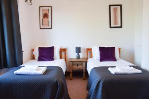 ノリッジにあるSt Marys Houseの紫と白のシーツが備わるベッド2台が備わる客室です。