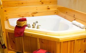 een badkamer met een ligbad en een wastafel bij Blessing Lodge by Amish Country Lodging in Berlin
