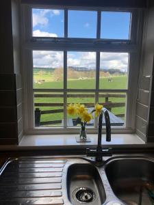 un lavandino da cucina con finestra affacciata su un campo di New Station Cottage, country views, great location a Sledmere