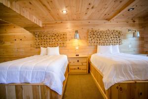 1 dormitorio con 2 camas en una cabaña de madera en Red Fern Cabin by Amish Country Lodging, en Berlin